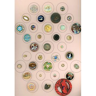 A Card Of Assorted Material Buttons Including Glass
