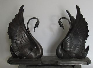 Large And Fine Quality Patinated Bronze Swans.