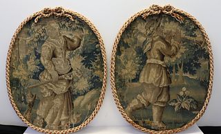 An Antique Pair Of Rope Framed Tapestries