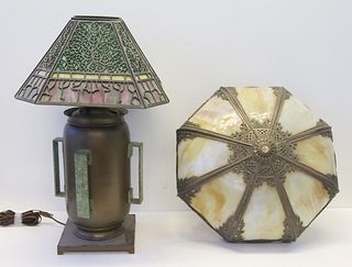 Arts And Crafts Slag Glass Table Lamp Together
