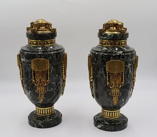 Pair Of Art Deco Gilt Bronze And Marble Urns.