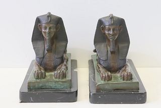 Pair Of Patinated Bronze Sphinx On Marble Bases.