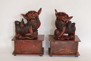 Large Pair Of Antique Lacquered Foo Dogs On