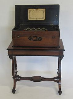 Antique Inlaid Music Box On Lyre Base Stand.