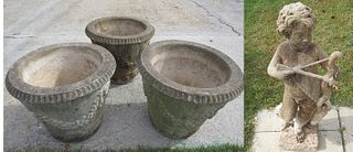 3 Antique Cast Concrete Planters And A Putti