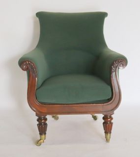 Antique Upholstered Scroll Arm Chair.