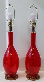 Vintage Pair Of Red Glass Lamps With Lucite Trim.