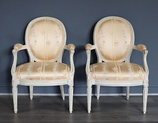 Pair Of White Painted Louis XV 1 Style Arm Chairs