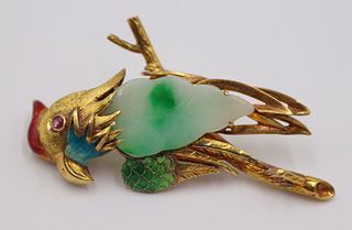 JEWELRY. 14kt Gold, Jade, Enamel, and Ruby Parrot