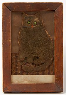Great Early Folk Art Fabric Cat Picture