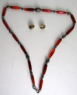 Carnilian Necklace Together With a Pair of Jade