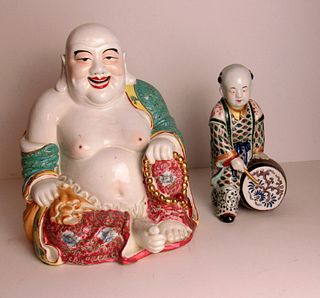 Chinese Porcelain Smiling Buddha & Drummer Boy