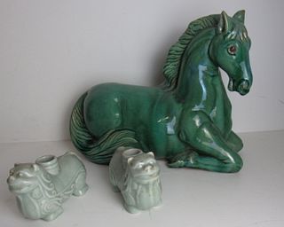 2 Chinese Porcelain Foo Dogs and a Horse.