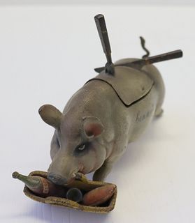 Antique Patinated Bronze Pig Inkwell "Bon Appetit"