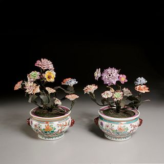 Pair tole and porcelain Mennecy style jardinieres