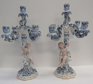 Pair Of Antique German Porcelain Figural Candlebra
