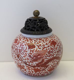 Antique Chinese Porcelain Jar With Wood Lid