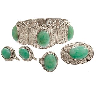 Chinese Jade, Silver Filigree Jewelry Suite