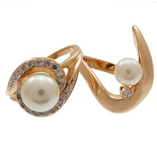 Collection of Two Diamond, Cultured Pearl, 14k Rings