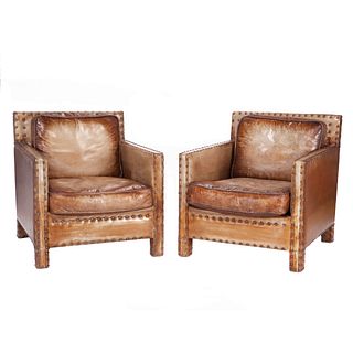 Pair Buffalo Leather Club Chairs
