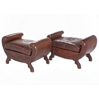 Pair Classical Leather Ottomans