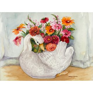 Nancy Martin, Zinnias in a Swan Vase