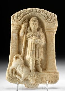 Roman Marble Stela with Figure and Bull
