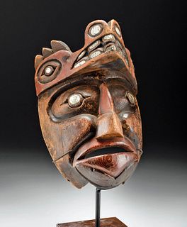 Rare 19th C. Nootka Cedar Mask w/ Abalone Inlays