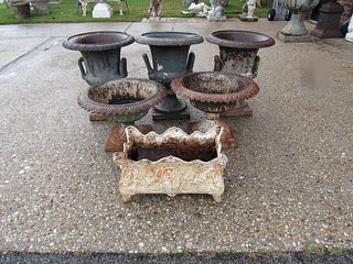 Lot Of 5 Cast Iron Urns And a Planter.