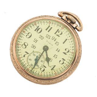 Reloj de bolsillo marca Elgin. Movimiento manual. Caja circular en acero dorado de 50 mm. Carátula color blanco.