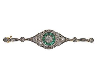 18K Gold Platinum Diamond Emerald Brooch Pin