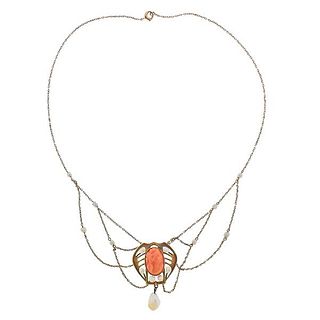 Antique Victorian 14K Gold Coral Pearl Lavalier Necklace