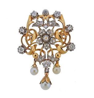 18K Gold Diamond Pearl Brooch Pendant