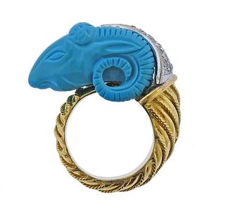 18K Gold Diamond Blue Stone Aries Ram&#39;s Head  Ring