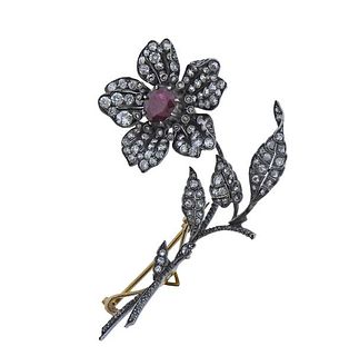 14K Gold Silver Diamond Ruby Flower Brooch Pendant