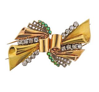 Retro 18k Gold Platinum Diamond Emerald Brooch Clip Set