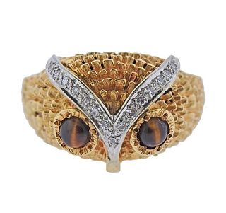 14K 10K Gold Diamond Tiger&#39;s Eye  Owl Ring