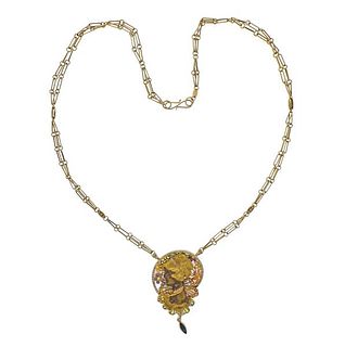 18K Gold Diamond Sapphire Enamel Plique A Jour Necklace Pendant
