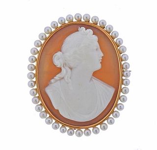 Antique 14K Gold Shell Cameo Pearl Brooch Pin