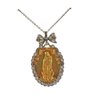 Antique St. Mary Gold Diamond Pendant  Necklace