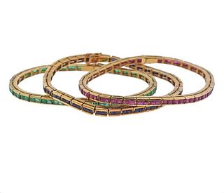 18K Gold Sapphire Ruby Emerald Bracelet Set of 3