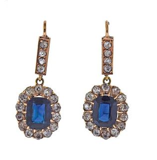 18K Gold Diamond Blue Stone Drop Earrings 