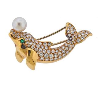 Cartier 18K Gold Diamond Pearl Emerald Dolphin Brooch Pin