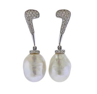 18K Gold Diamond Baroque Pearl Drop Earrings
