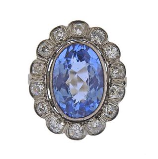 Antique 18K Gold Platinum Diamond Blue Stone Ring