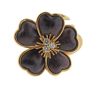 Cusi 18K Gold Diamond Ebony Wood Flower Ring