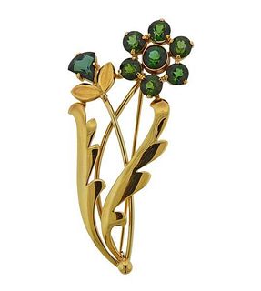 Tiffany &amp; Co 14K Gold Green Tourmaline Flower Brooch Pin