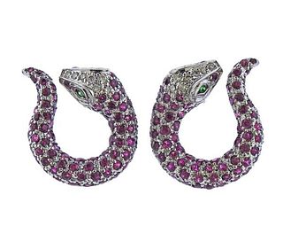 18K Gold Diamond Ruby Tsavorite Snake Earrings 
