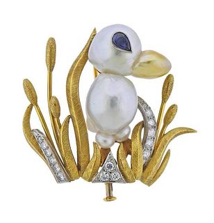 18K Gold Diamond Pearl Sapphire Duck Brooch Pin