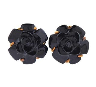 18K Gold Diamond Onyx Camellia Flower Earrings